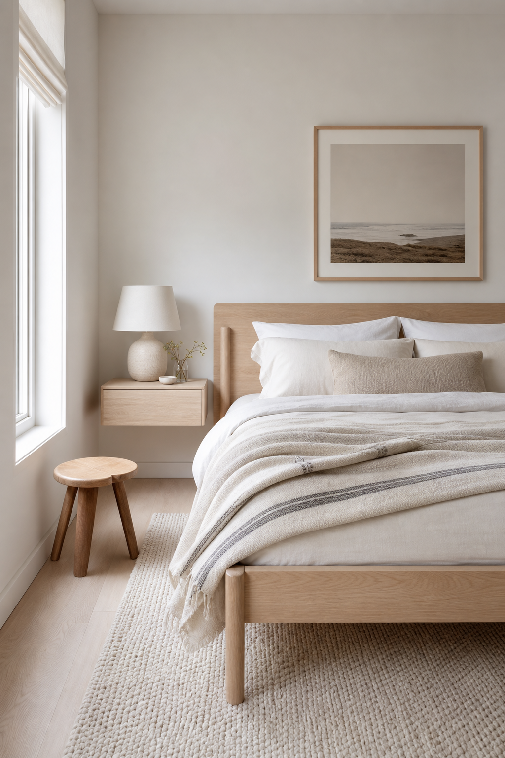 Scandinavian soft minimalist bedroom with pale wood, wool rug, and relaxed bedding