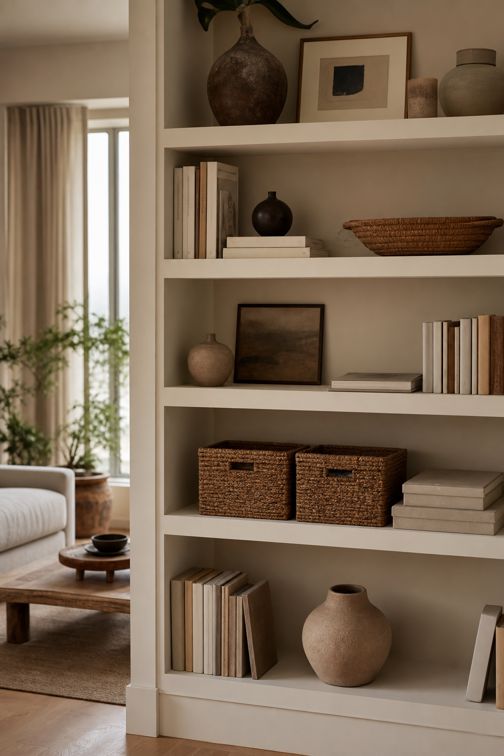 Edited open shelving with baskets, books, ceramics, and framed art in a small apartment