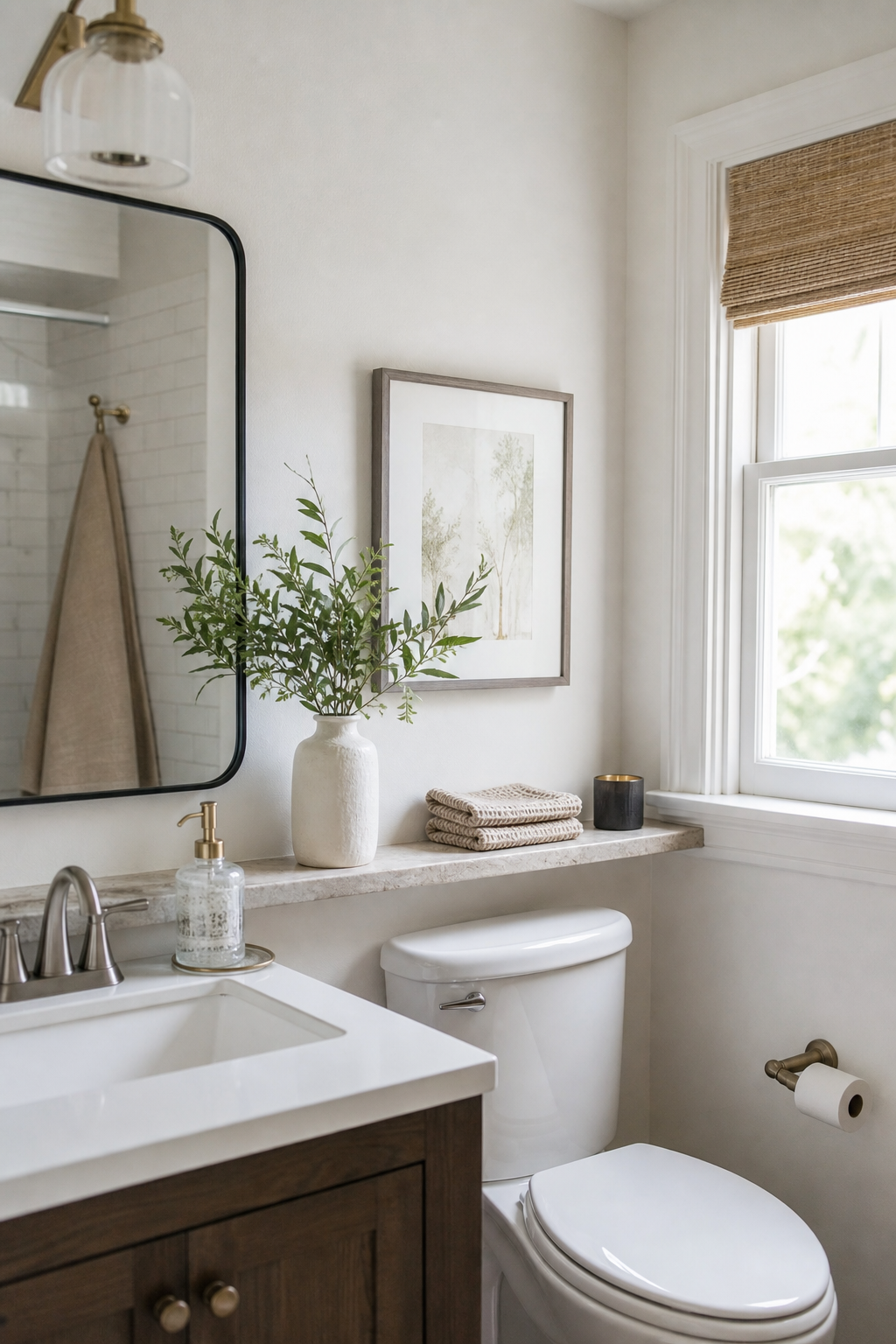 Small full bathroom idea with use a narrow ledge for everyday products