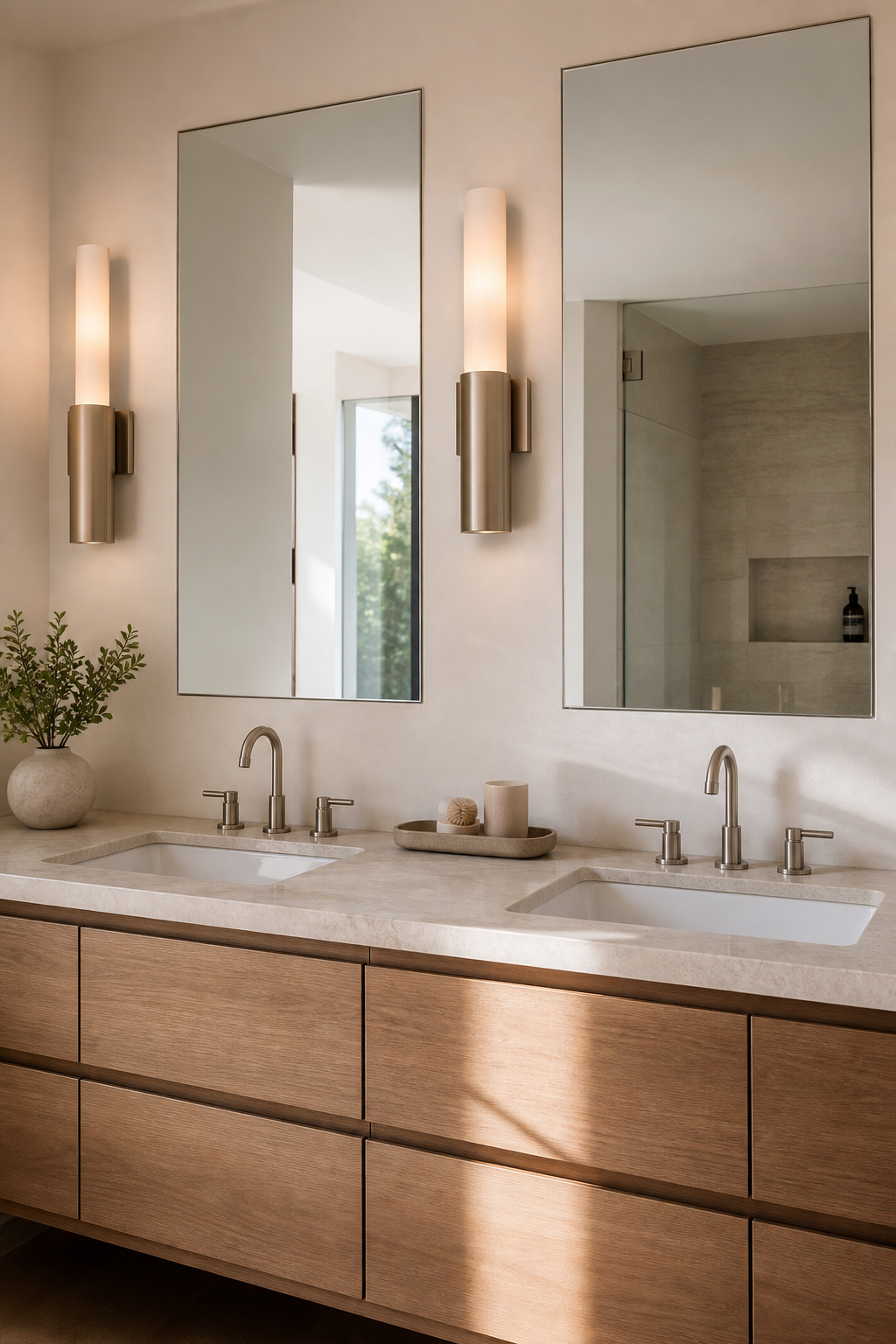 Recessed mirrored cabinets above a clean modern double vanity