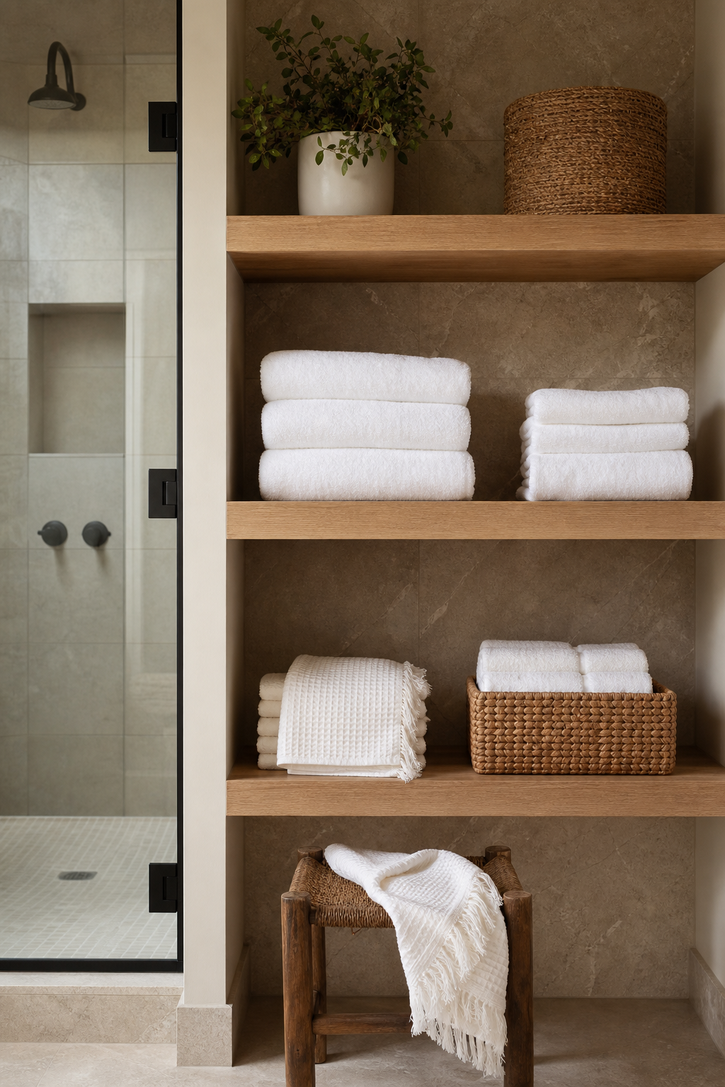 Open oak bathroom shelves with plush spa towels