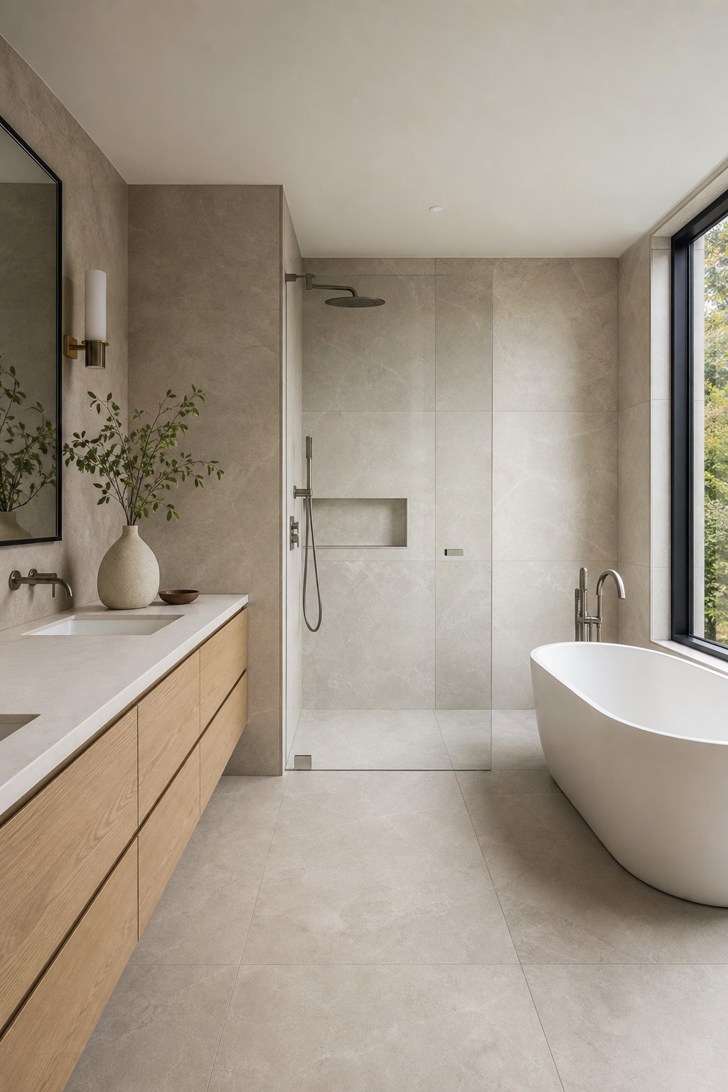 Modern bathroom with continuous large-format greige tile on floor and shower walls