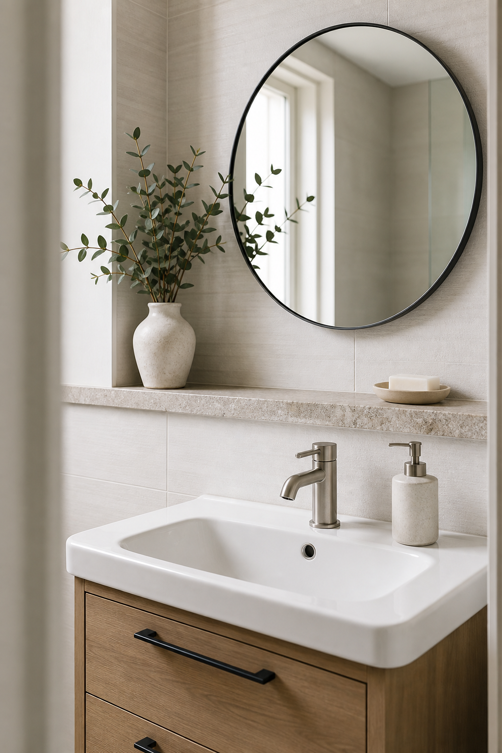 Small bathroom sink with slim ledge for soap and greenery