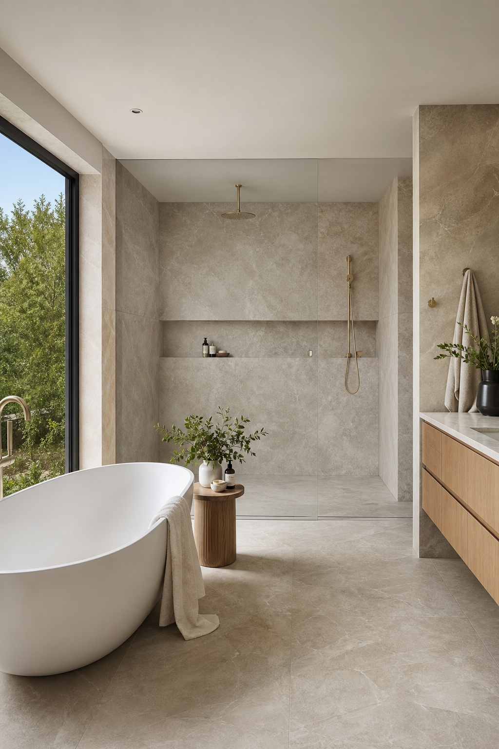 Large-format tile in a calm master bath