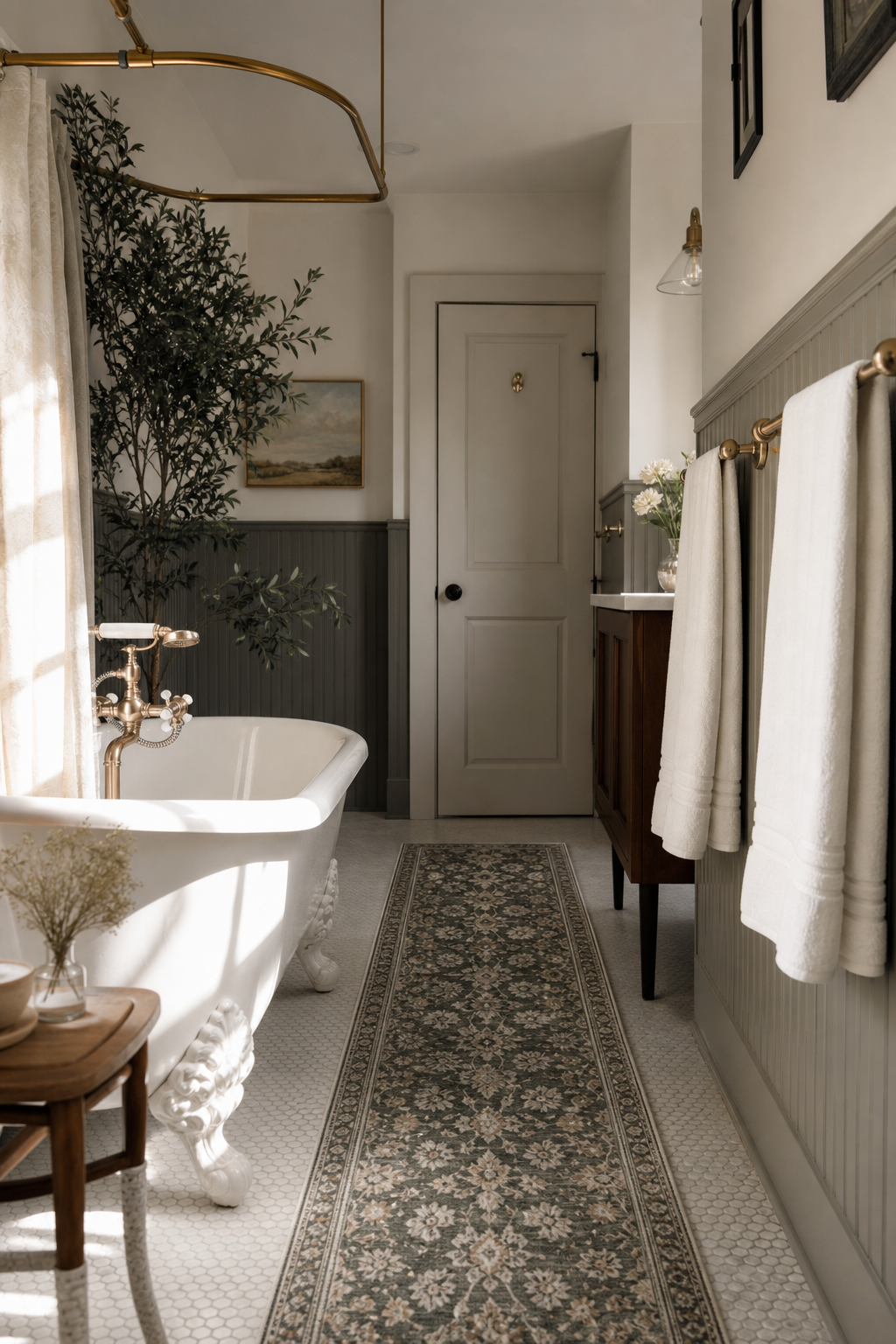 add a plush runner instead of a bath mat in a cozy spa-like bathroom