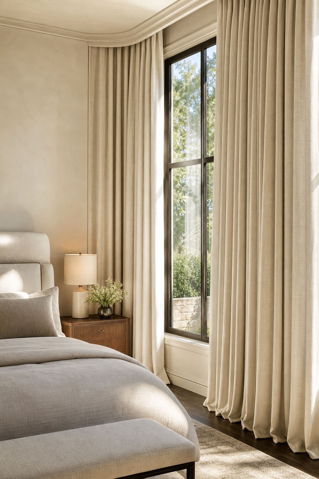 Ceiling-to-floor linen drapery adding softness to a cozy bedroom