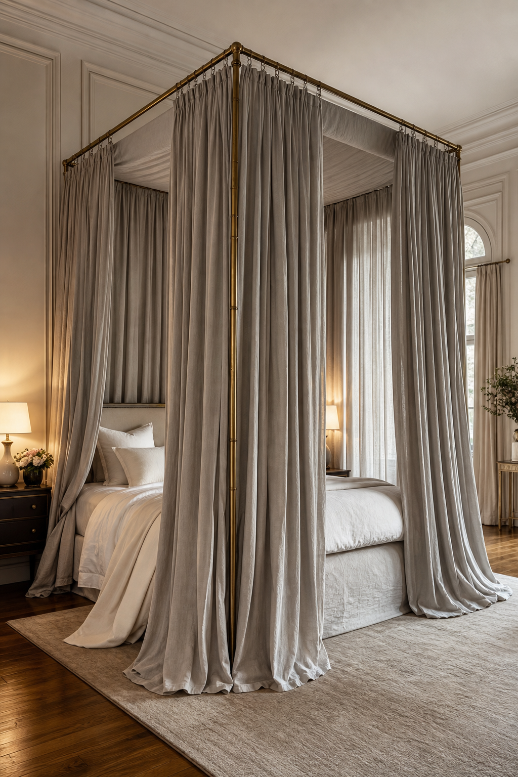 Romantic canopy bed with full-length drapery in a spacious bedroom