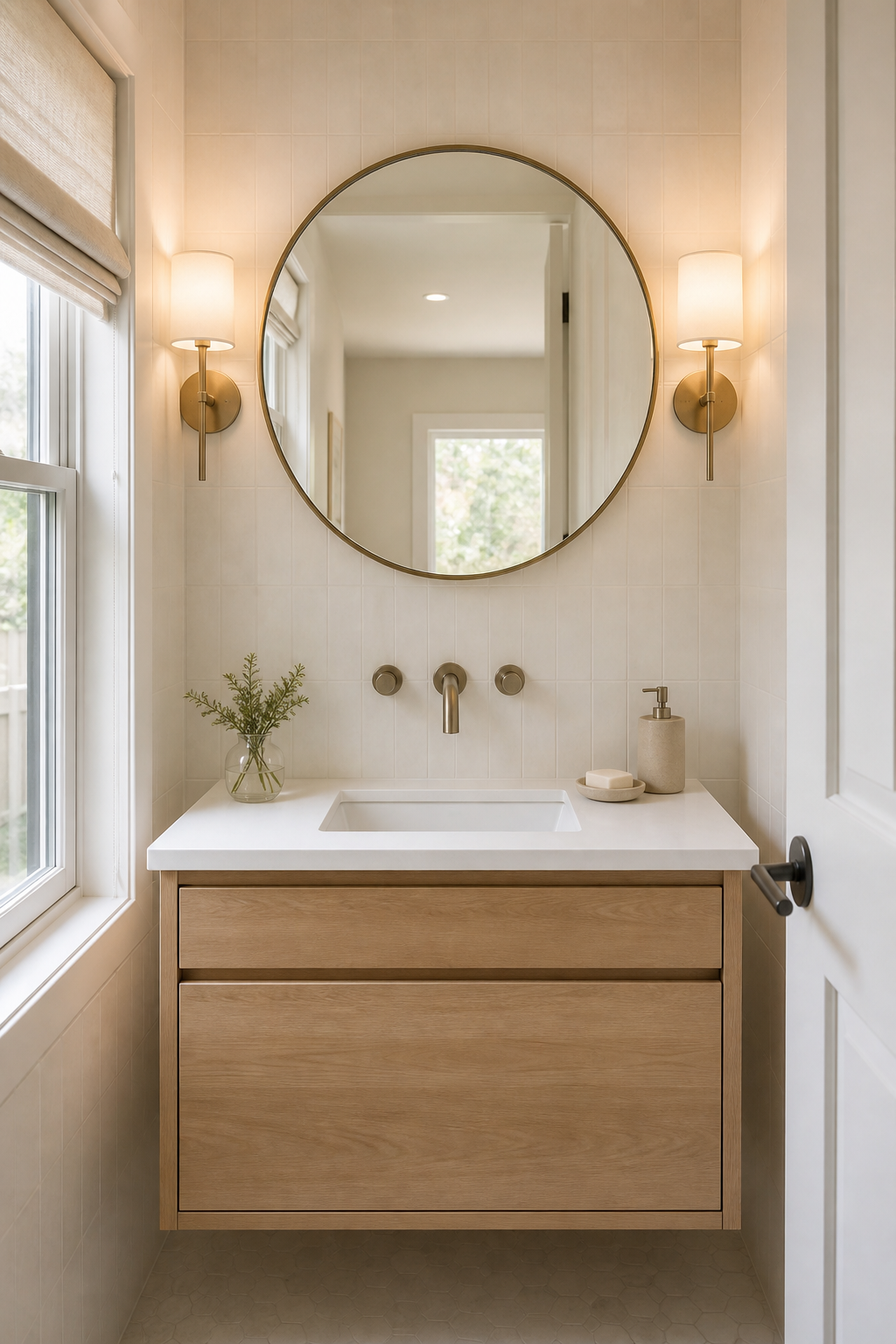 Round mirror softening a compact tiny bathroom vanity wall