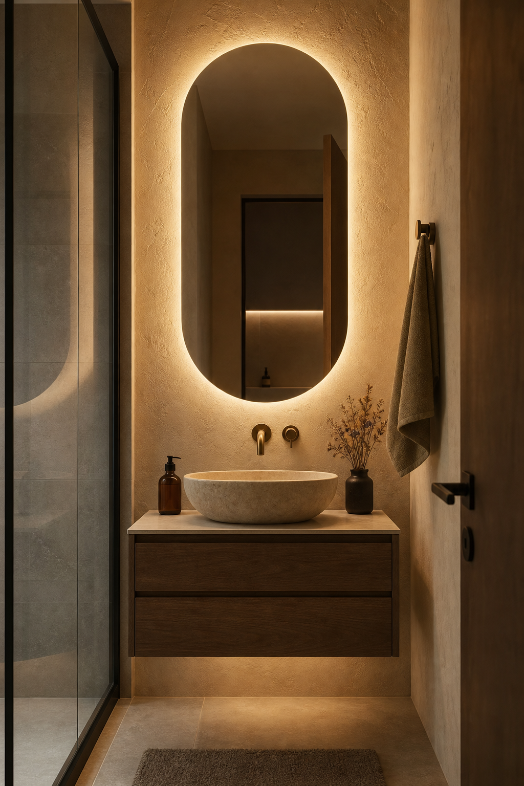 Small bathroom interior idea with add a backlit mirror for soft depth
