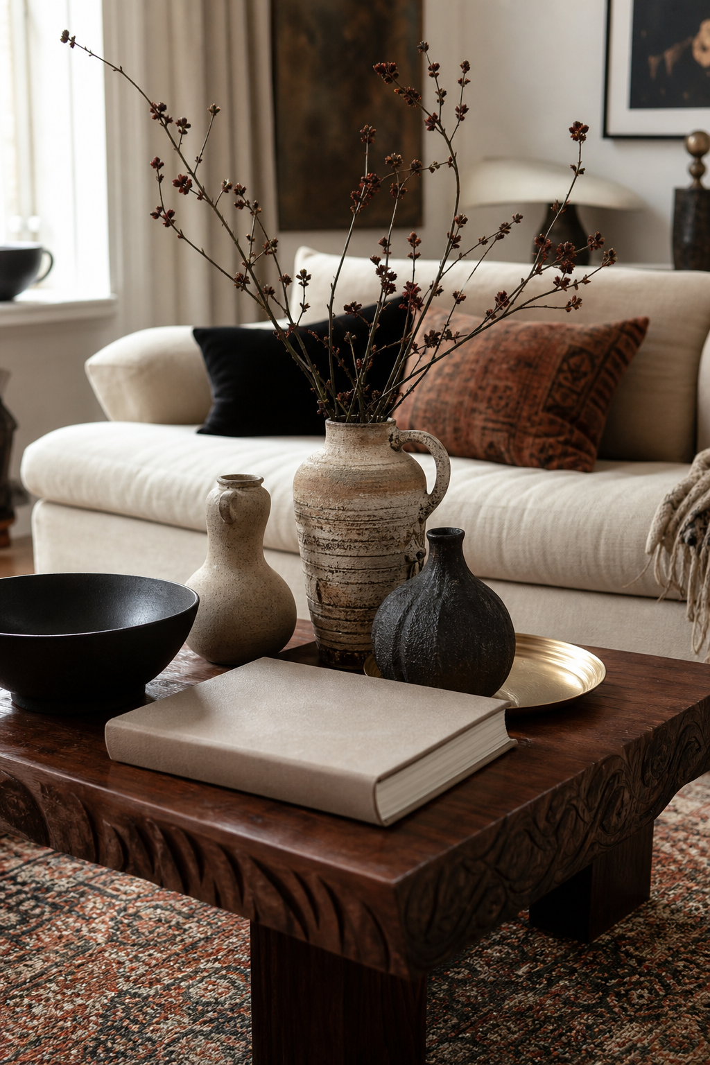 Sculptural ceramics grouped on a coffee table