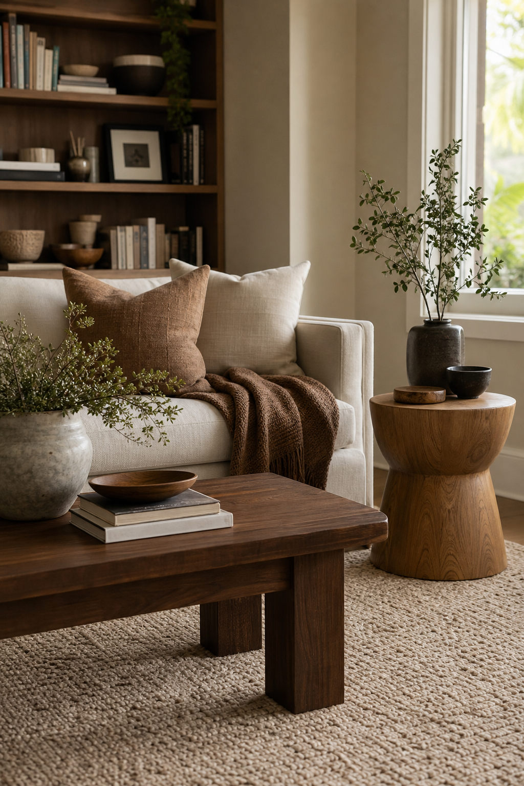 Cozy living room with warm wood tables and natural materials