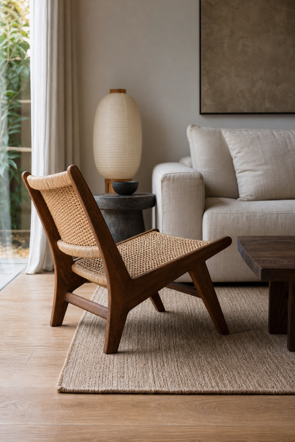 Japandi living room with sculptural wood and woven lounge chair