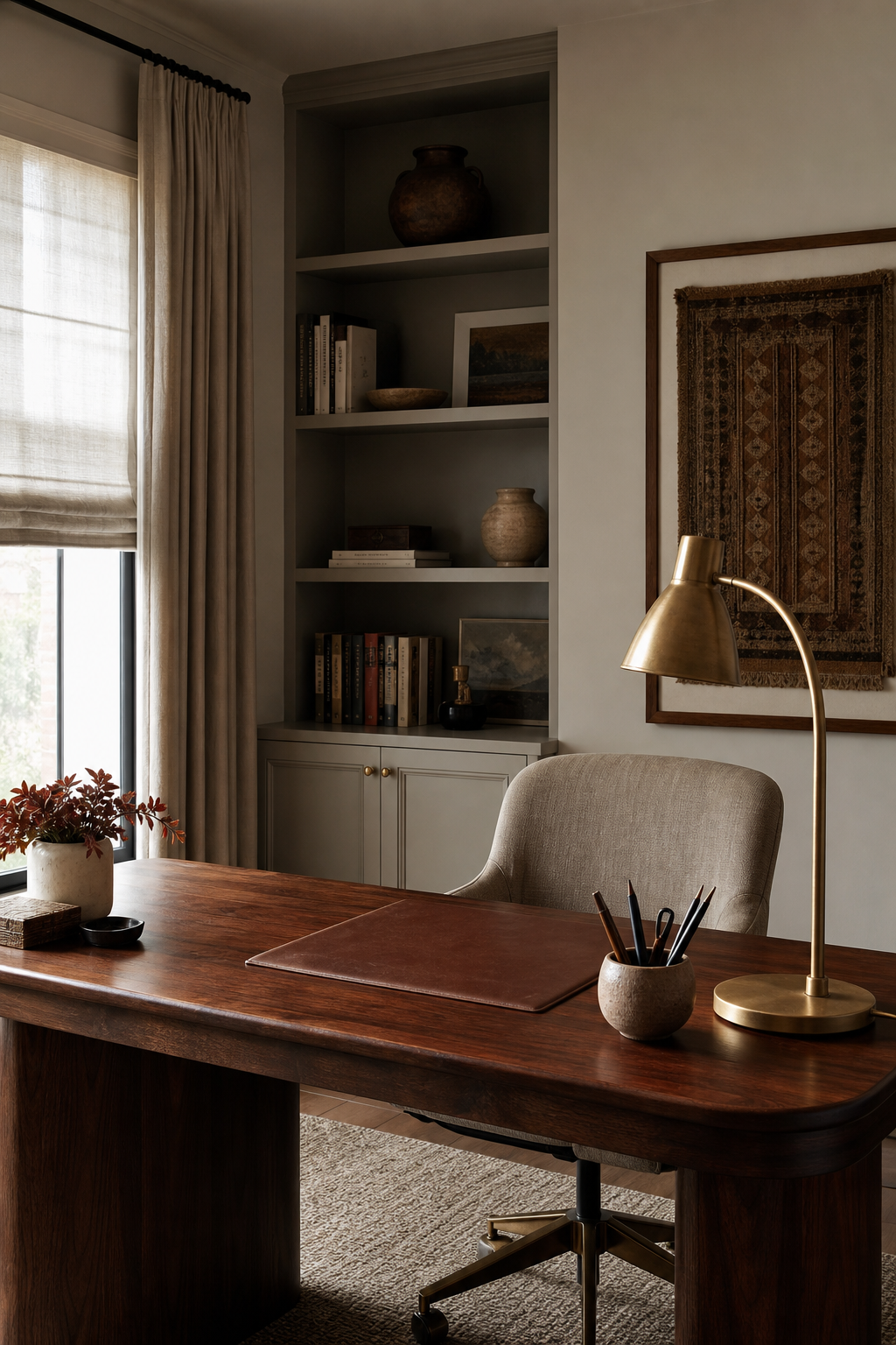Collected home office with walnut desk, upholstered chair, storage, and warm lamp