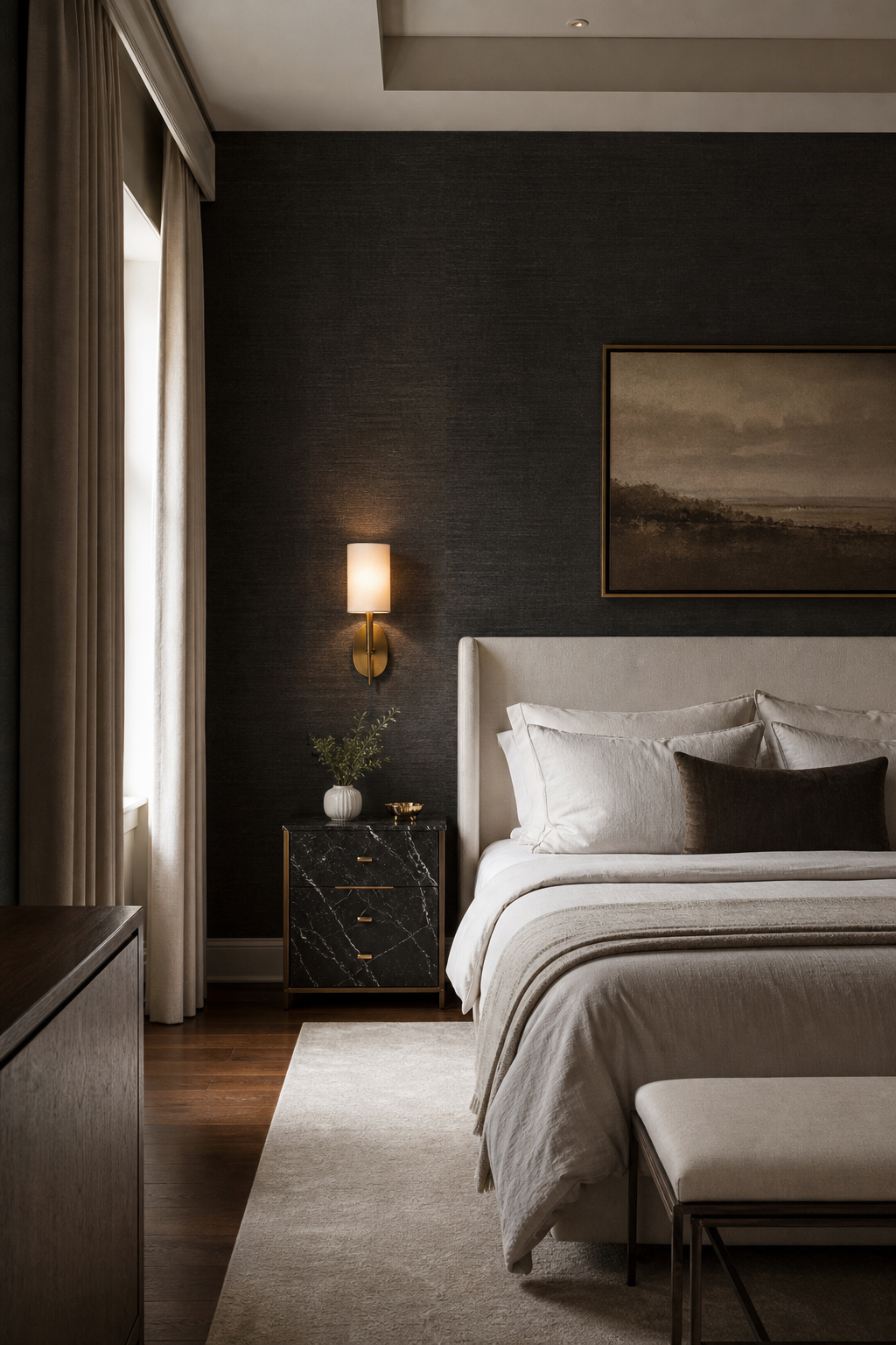 Luxury bedroom with charcoal grasscloth accent wall and ivory bed