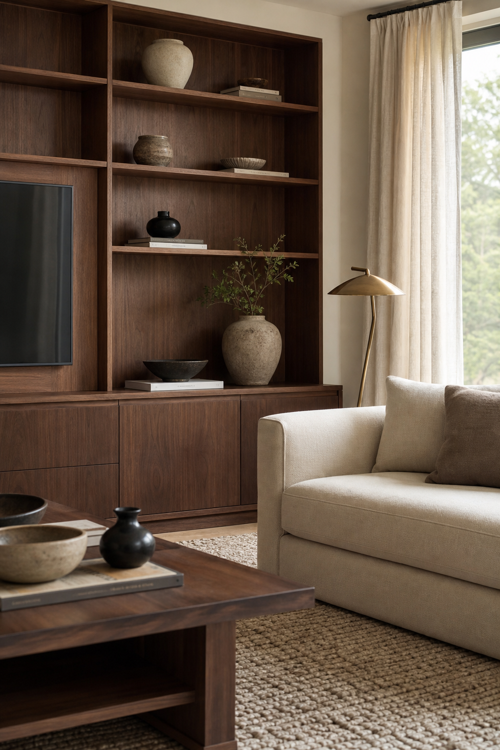 Contemporary living room with walnut storage, cream upholstery, and warm natural textures