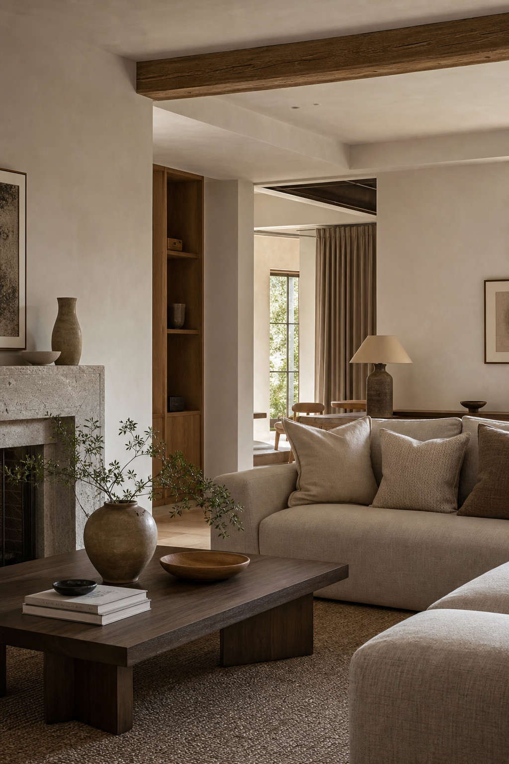 try a mushroom and ivory palette in a cozy minimalist living room