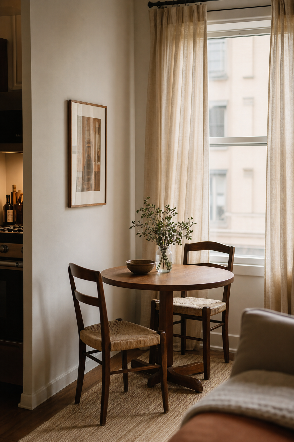 Warm apartment aesthetic idea with bring in a small dining nook