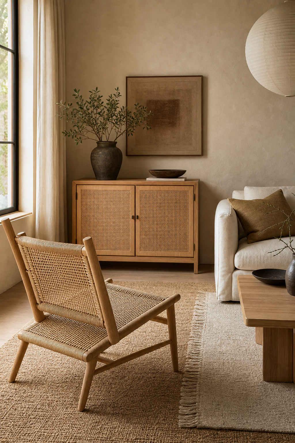Japandi room with woven chair cane cabinet and natural rug