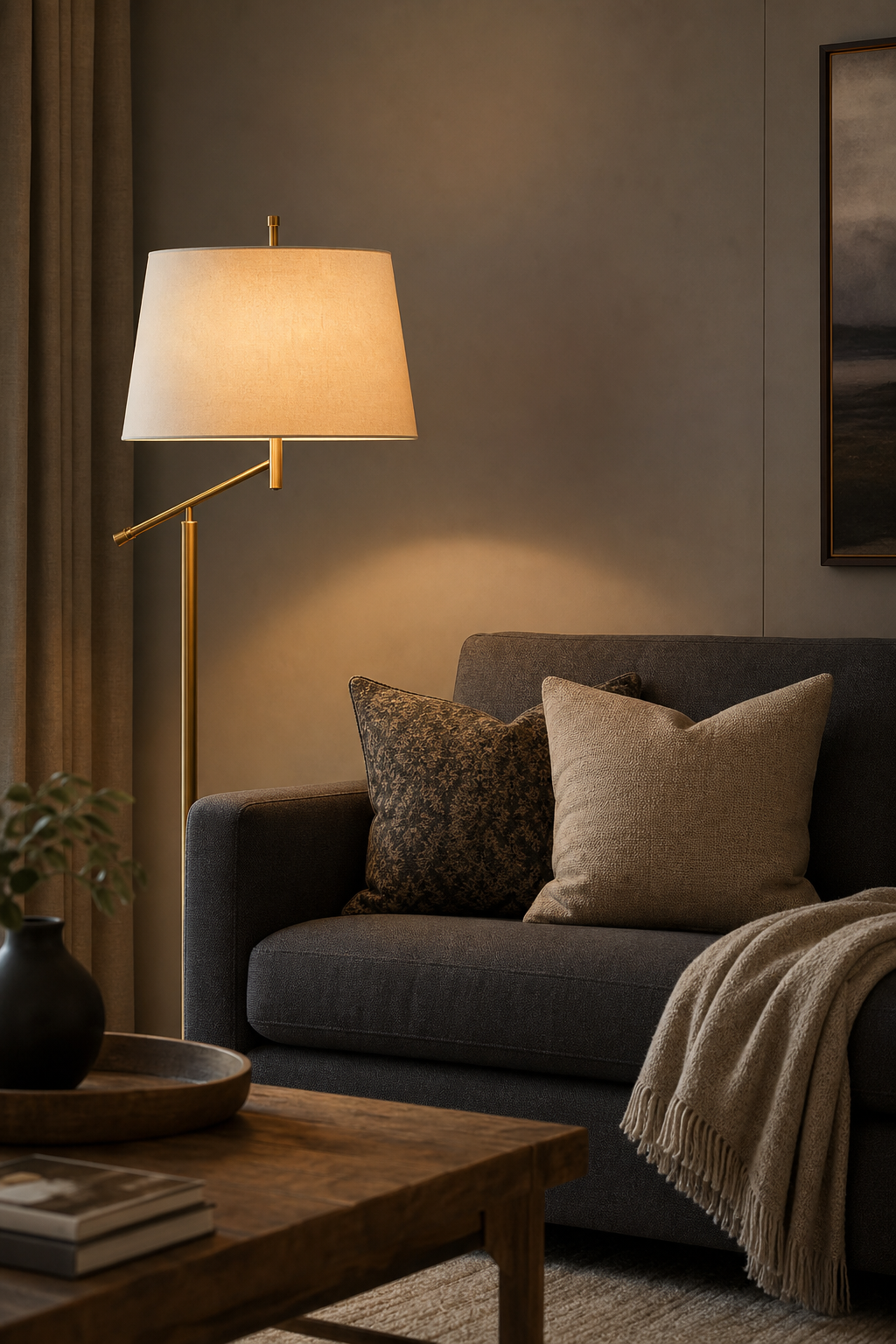 Dark grey couch styling idea with use brass lighting for soft warmth