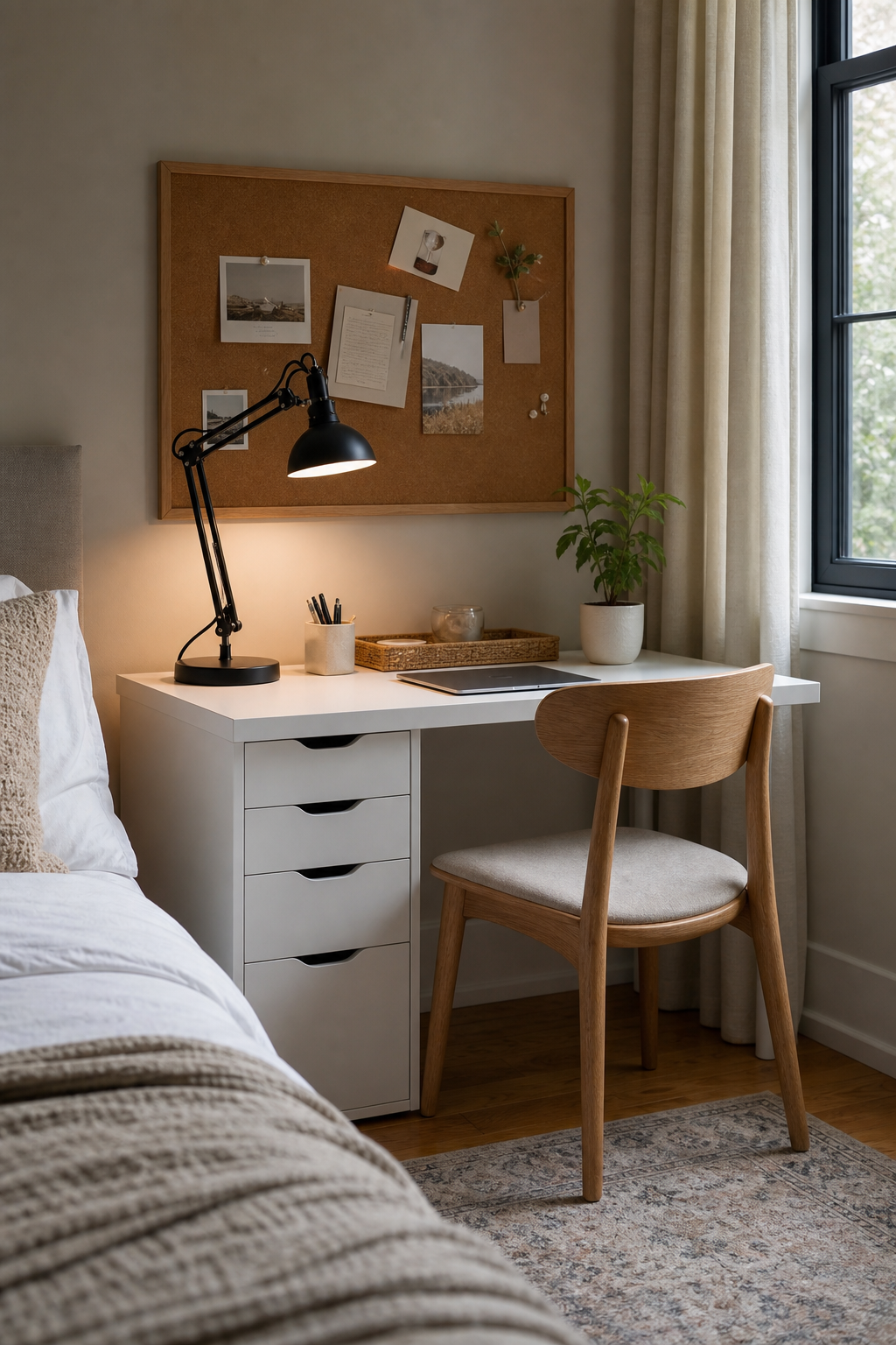 Compact desk corner styled with a lamp, pinboard, tray, and plant
