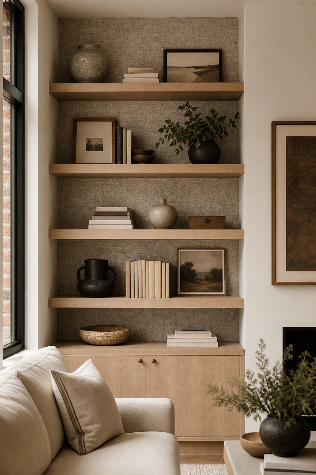 Rental apartment shelves styled with books ceramics and open space