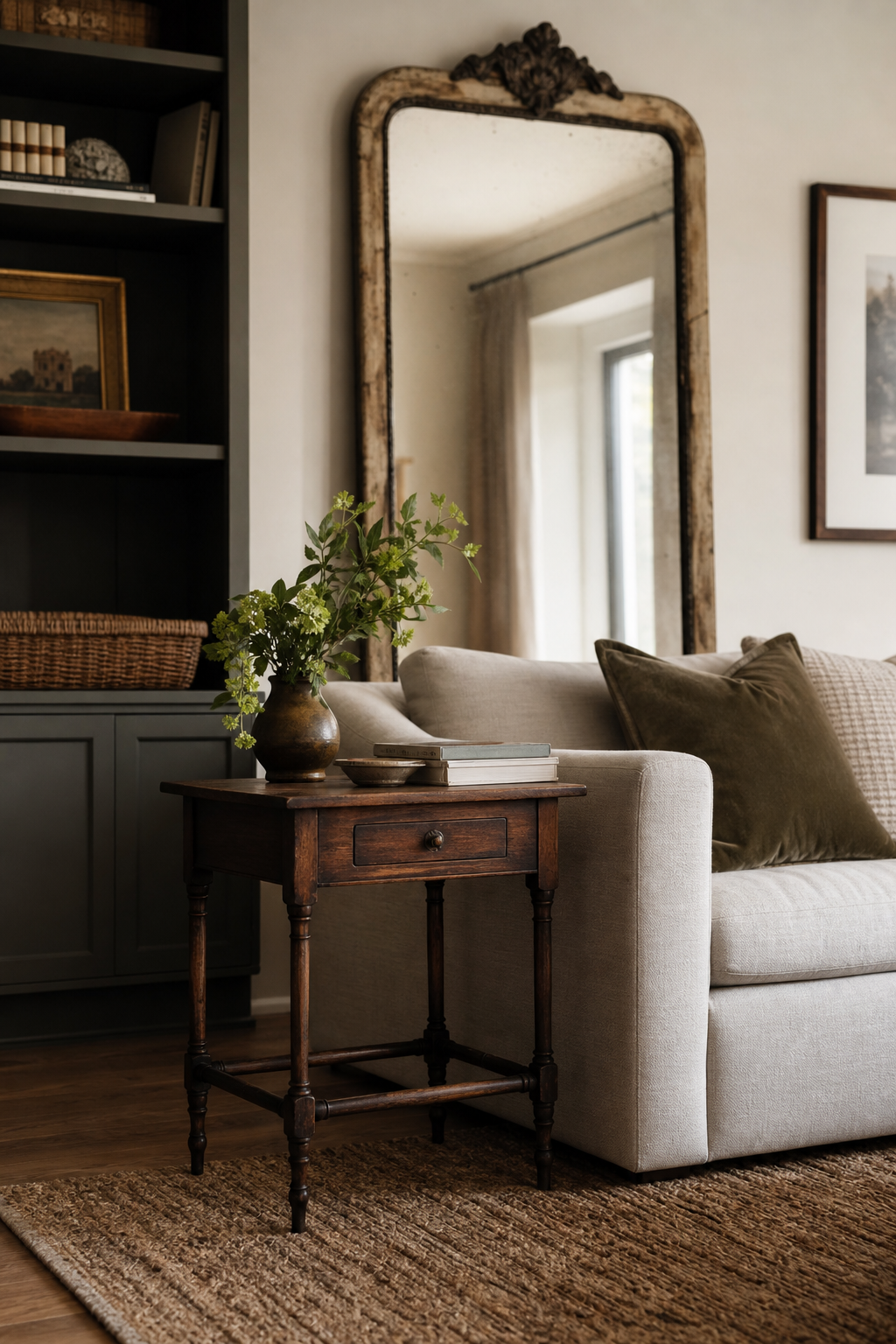 Cozy designer living room with modern sofa and one vintage wood side table, aged mirror, textured rug, warm collected styling