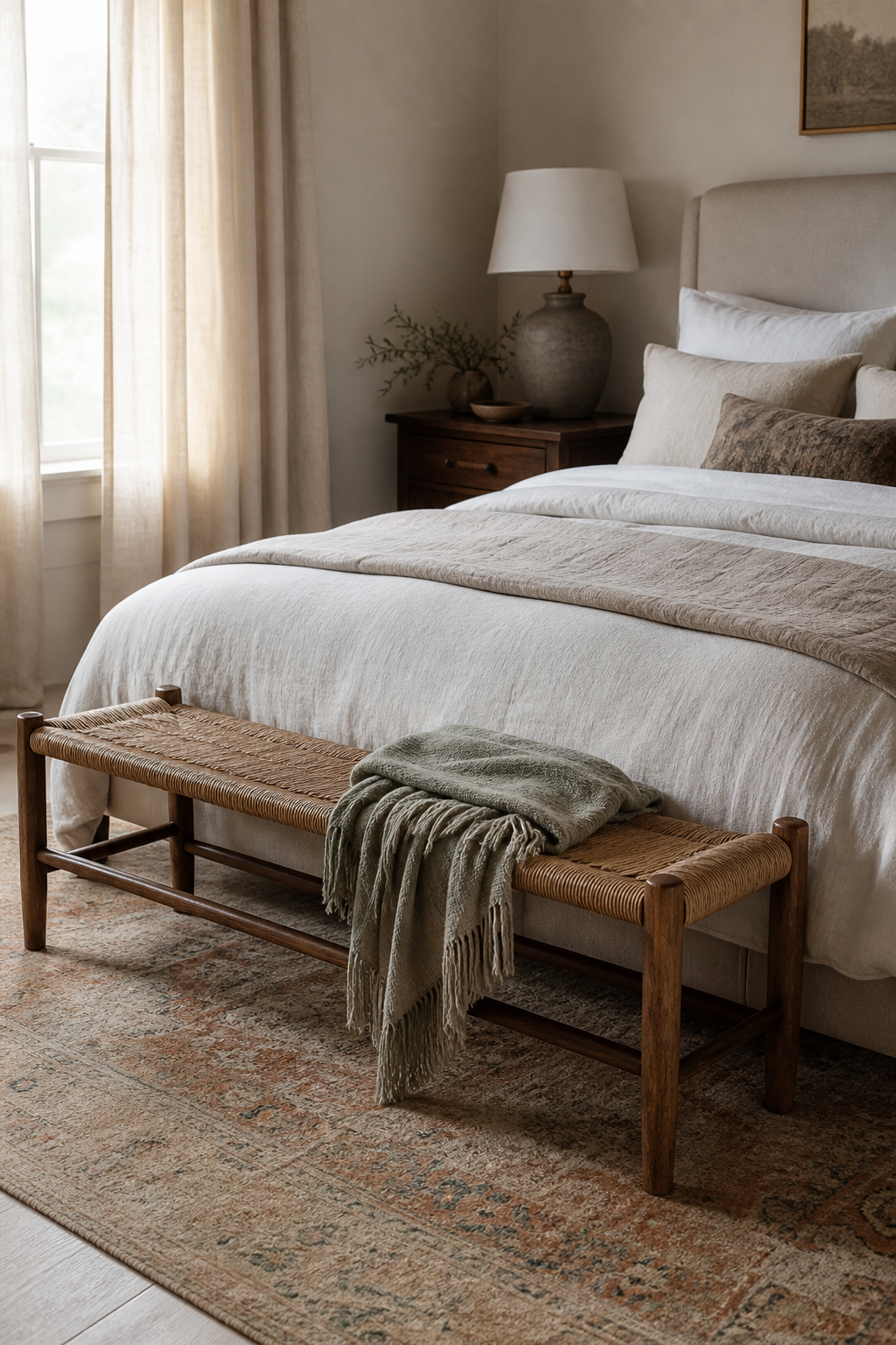 Cozy bedroom with woven bench at the foot of the bed
