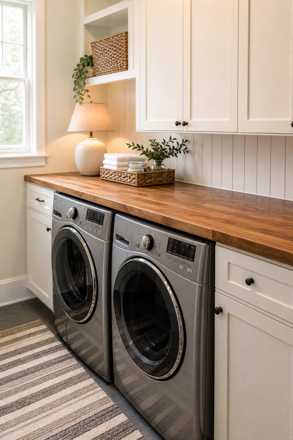 Laundry room with butcher block counter over front load machines