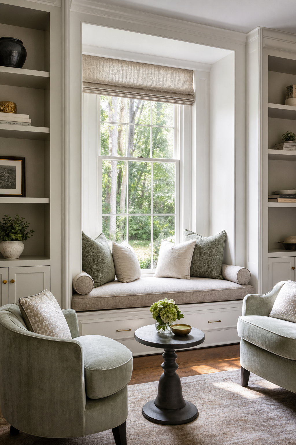 Create window seat conversation nook in a cozy designer conversation room
