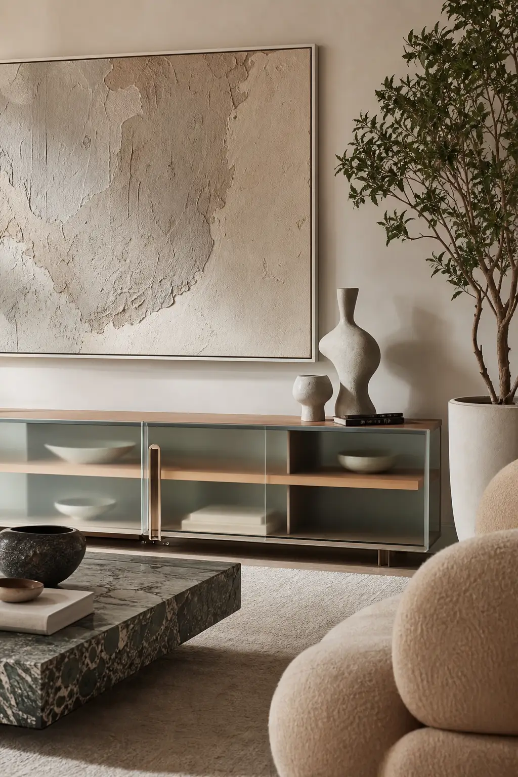 mix frosted glass with wood in a cozy Y2K living room