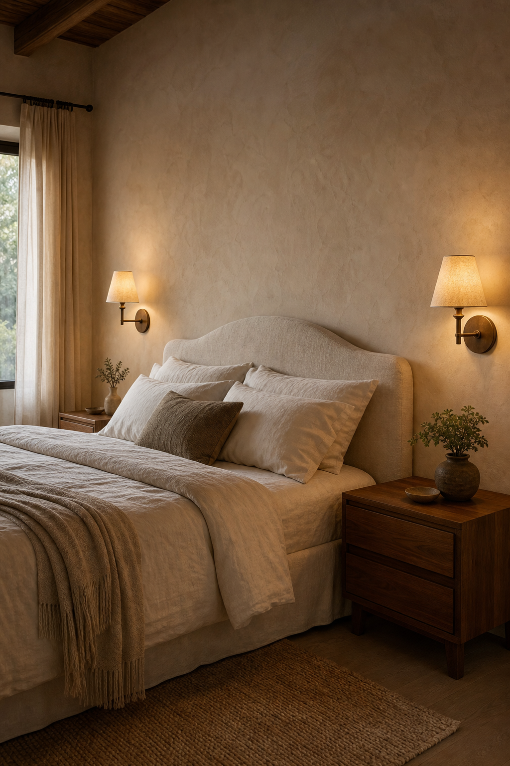 Wall sconces freeing nightstand space in a simple bedroom