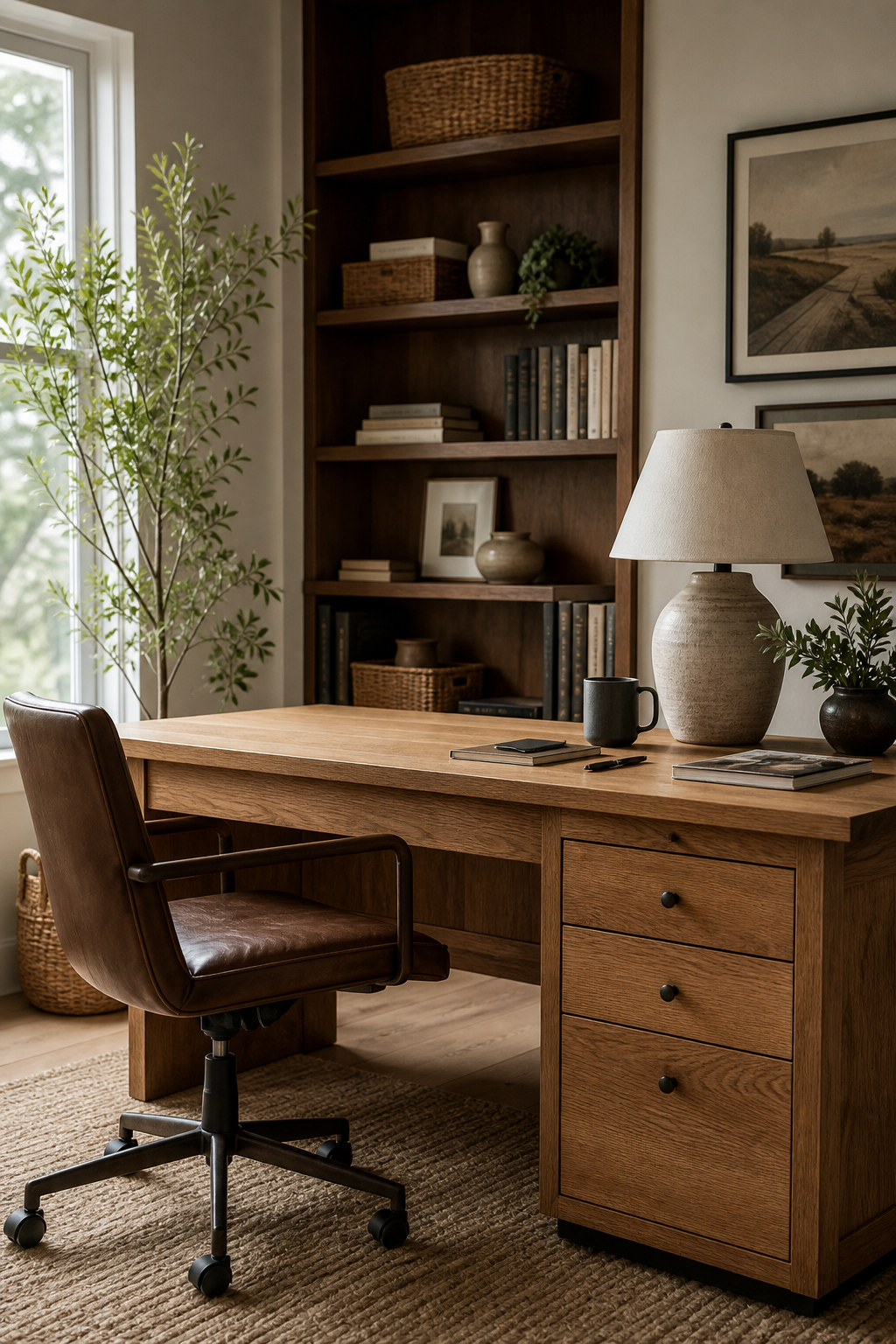Warm wood home office with oak desk, walnut shelves, neutral walls, woven basket, ceramic lamp, daylight