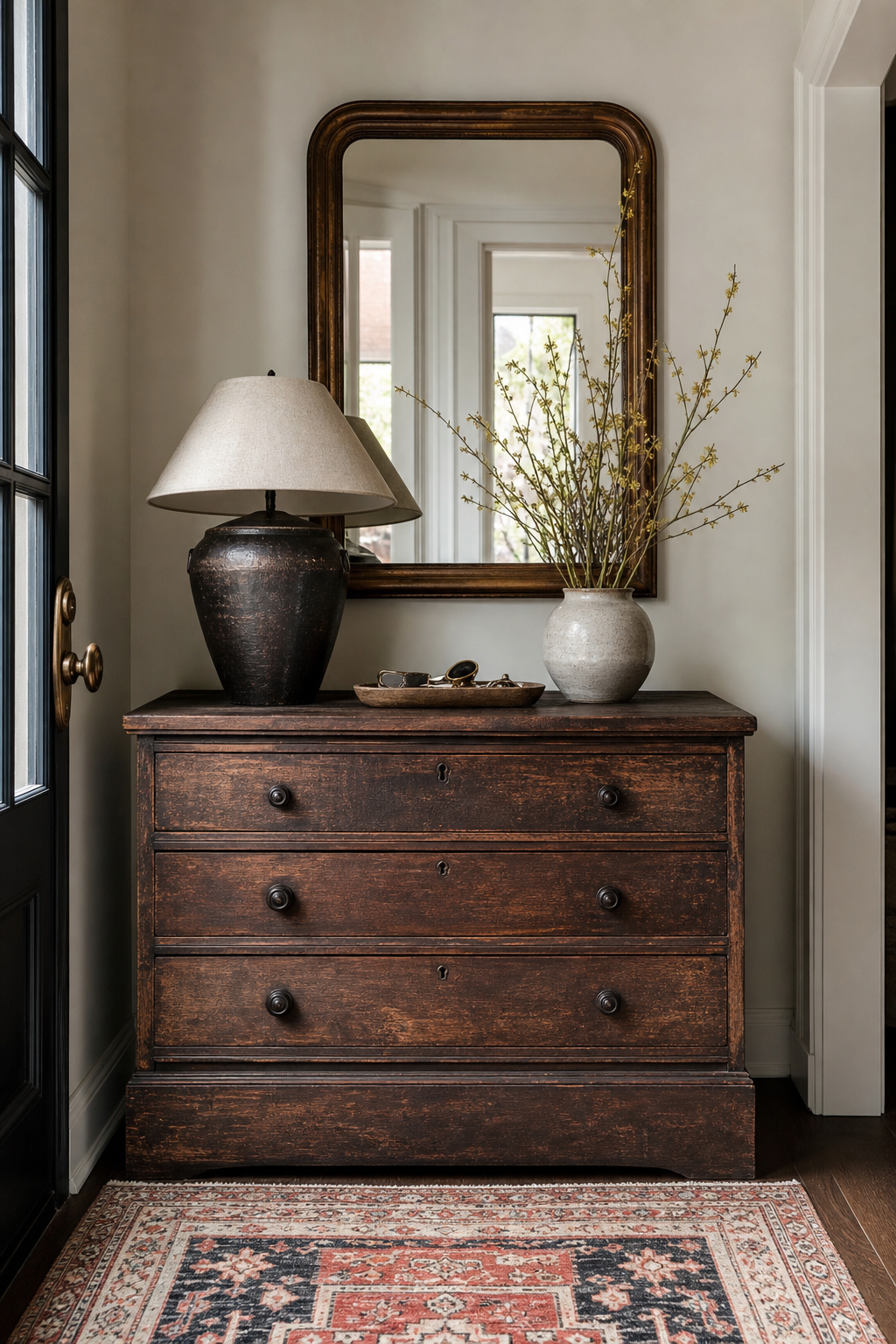 Entryway with vintage wood chest for hidden storage