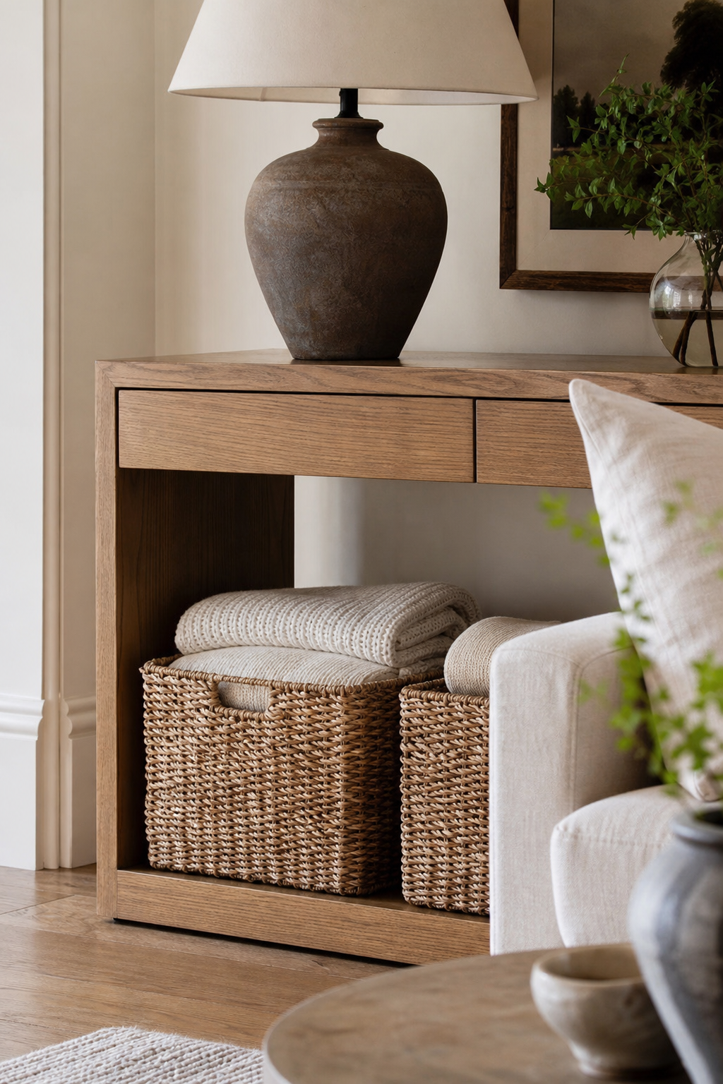 add woven storage baskets for cozy room decor