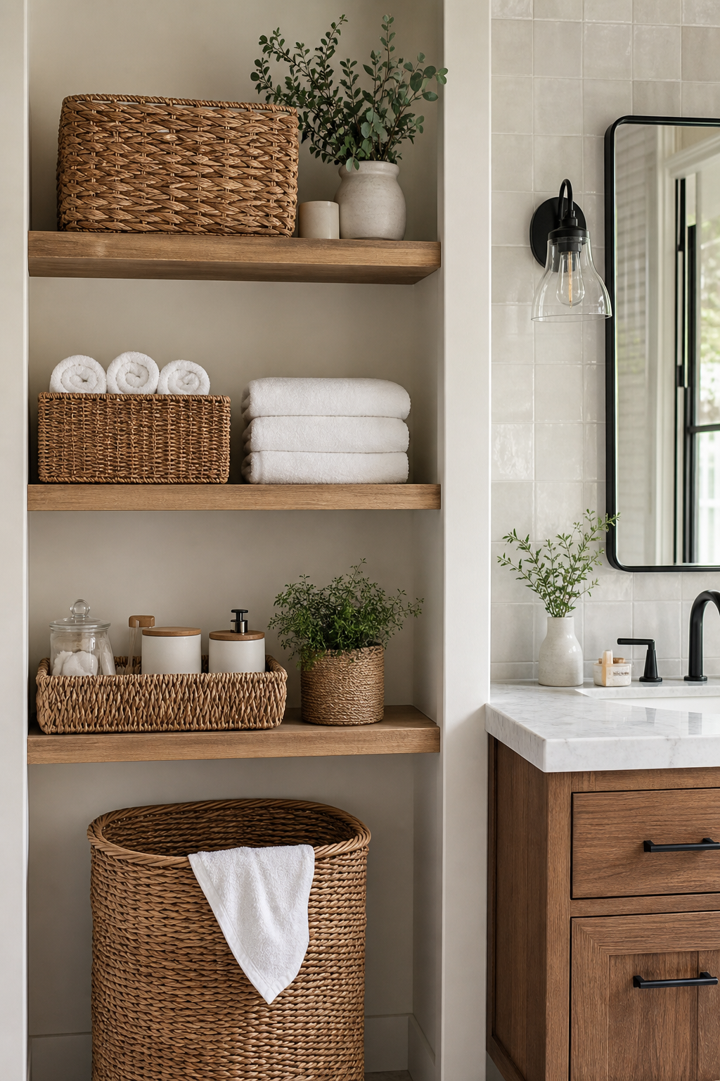 Bathroom shelves with woven baskets and rolled towels