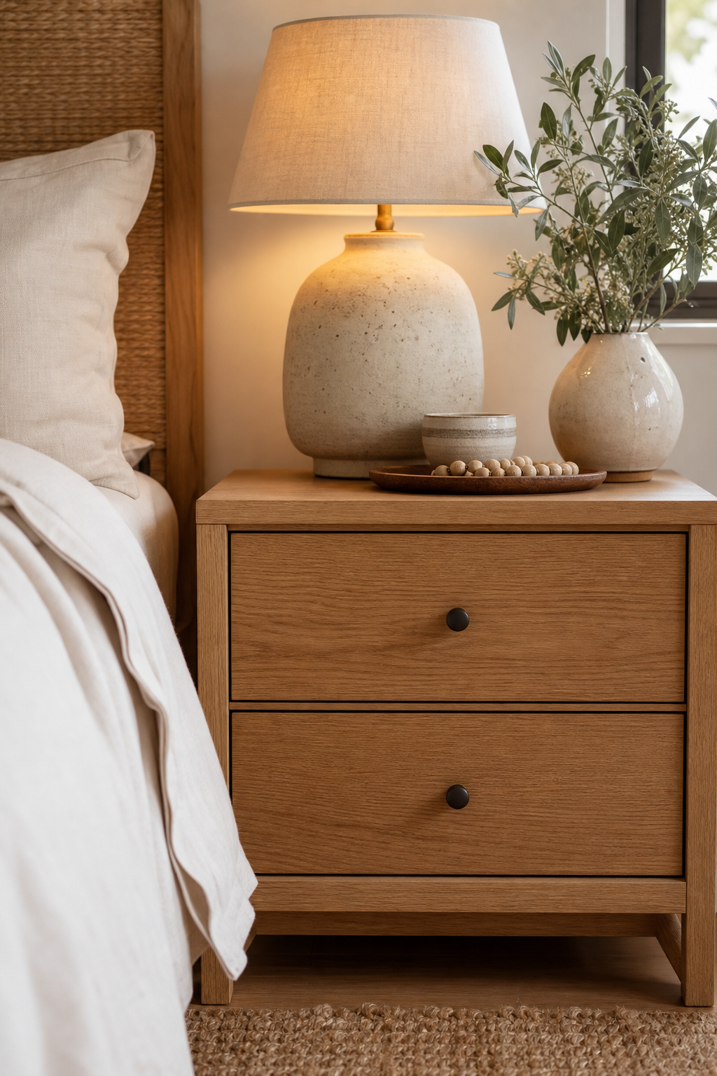 Add Warm Wood Nightstands in a cozy Pinterest-worthy bedroom