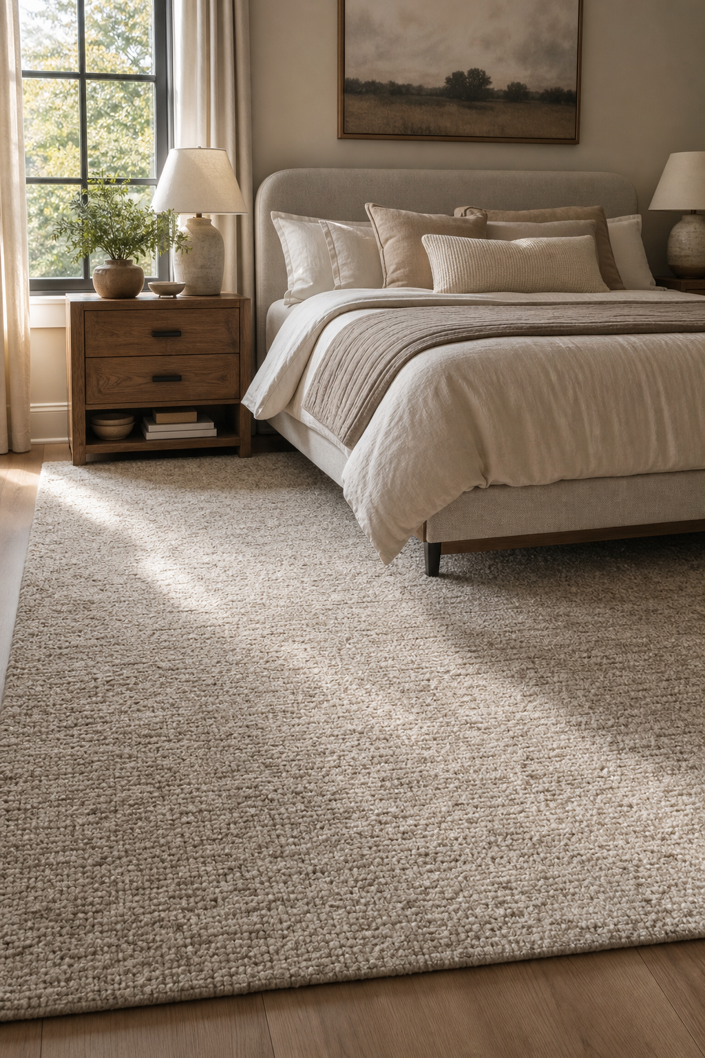 Guest bedroom with large soft rug under bed, neutral bedding, wood nightstands, morning light