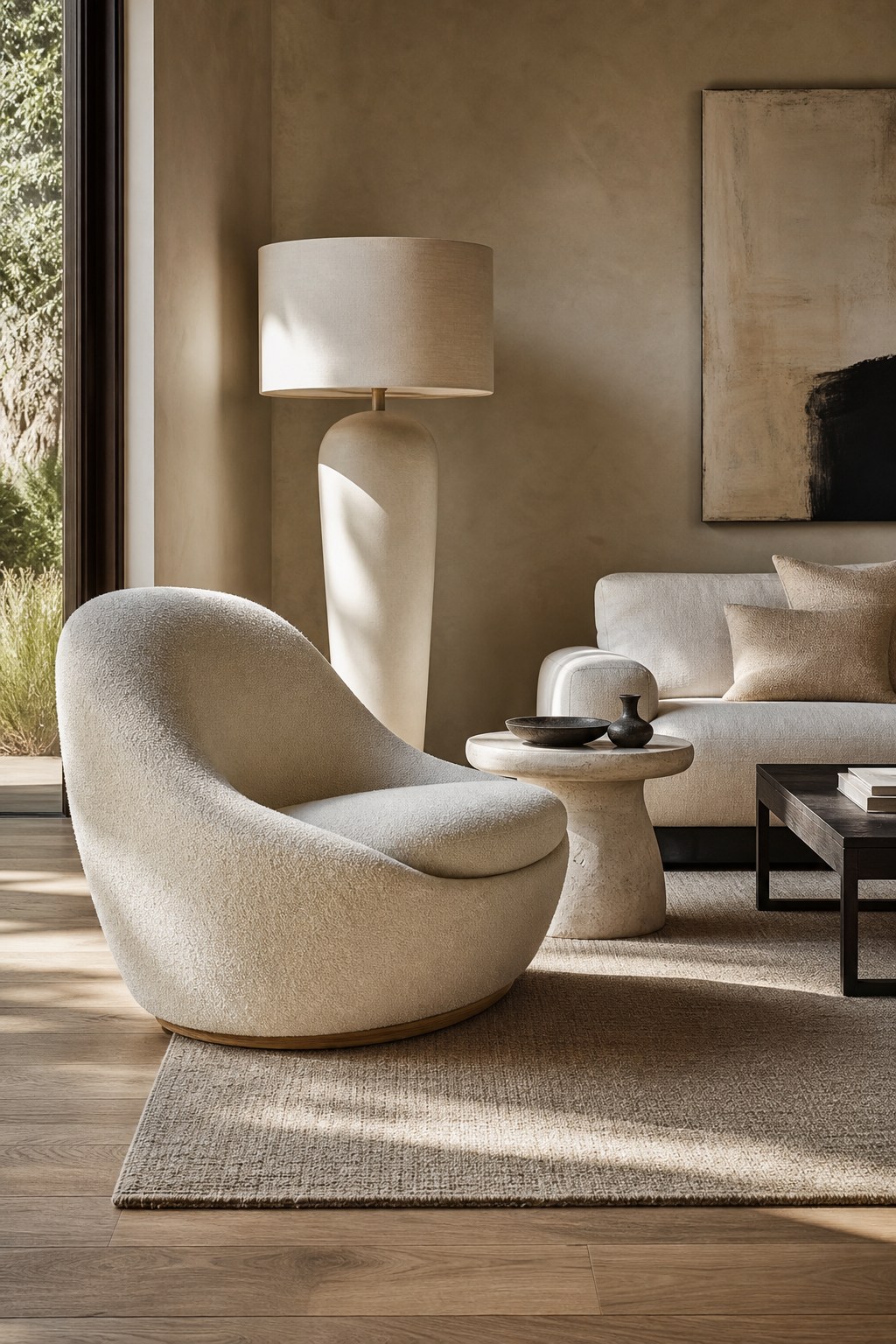 Modern sitting room refreshed with a sculptural curved chair