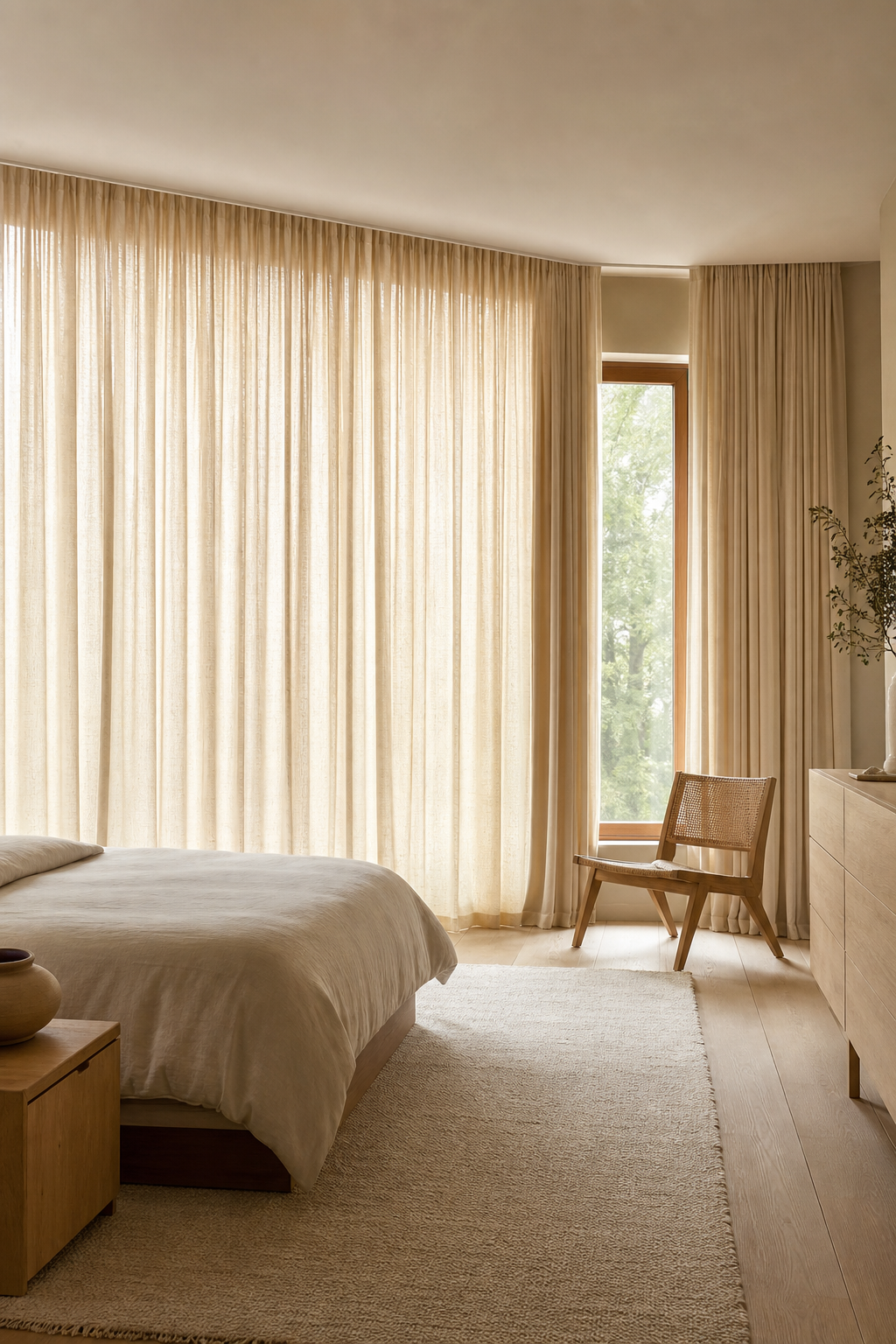 Minimalist bedroom softened by ceiling-to-floor ivory linen curtains