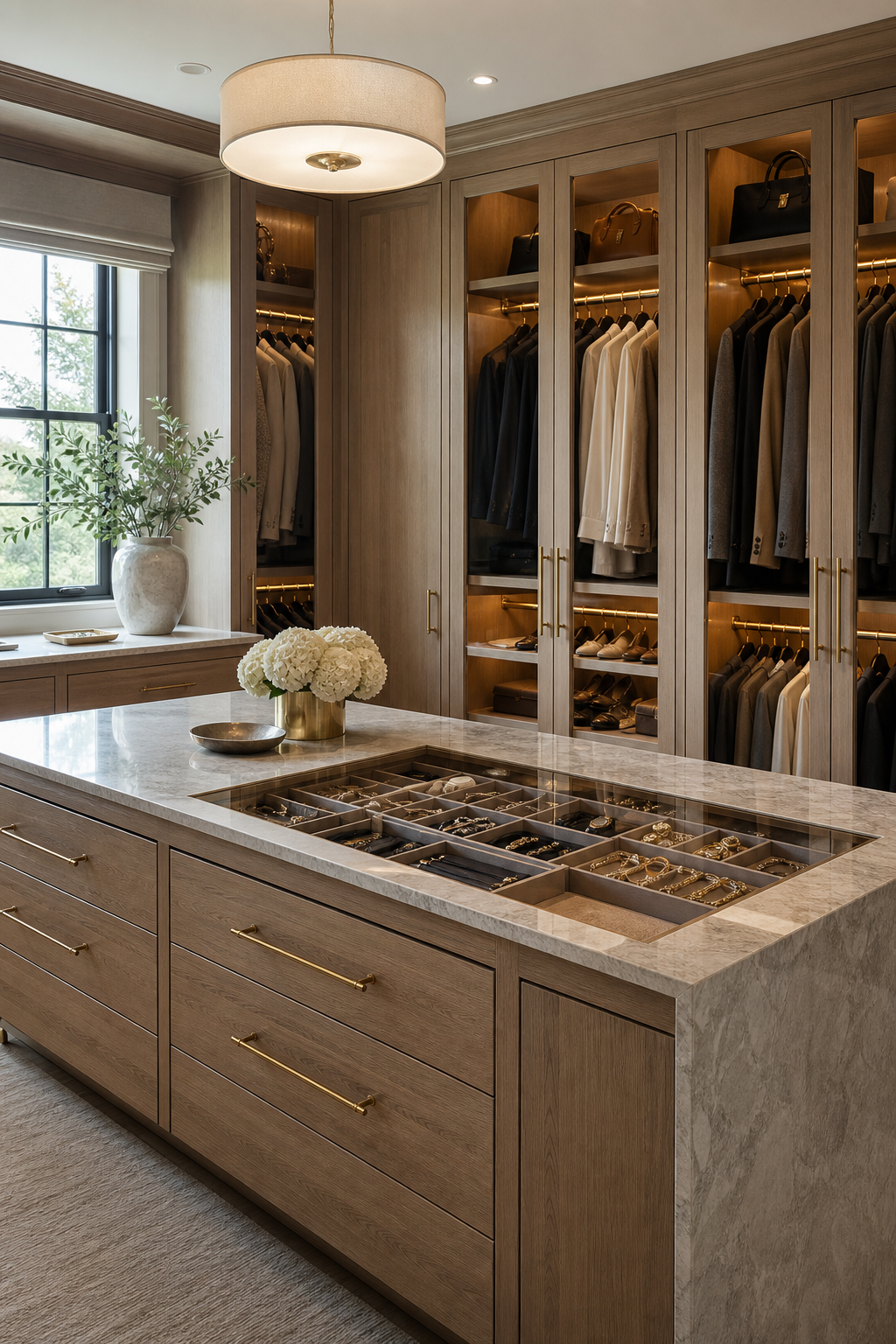pull-out accessory trays in a neat stylish closet interior