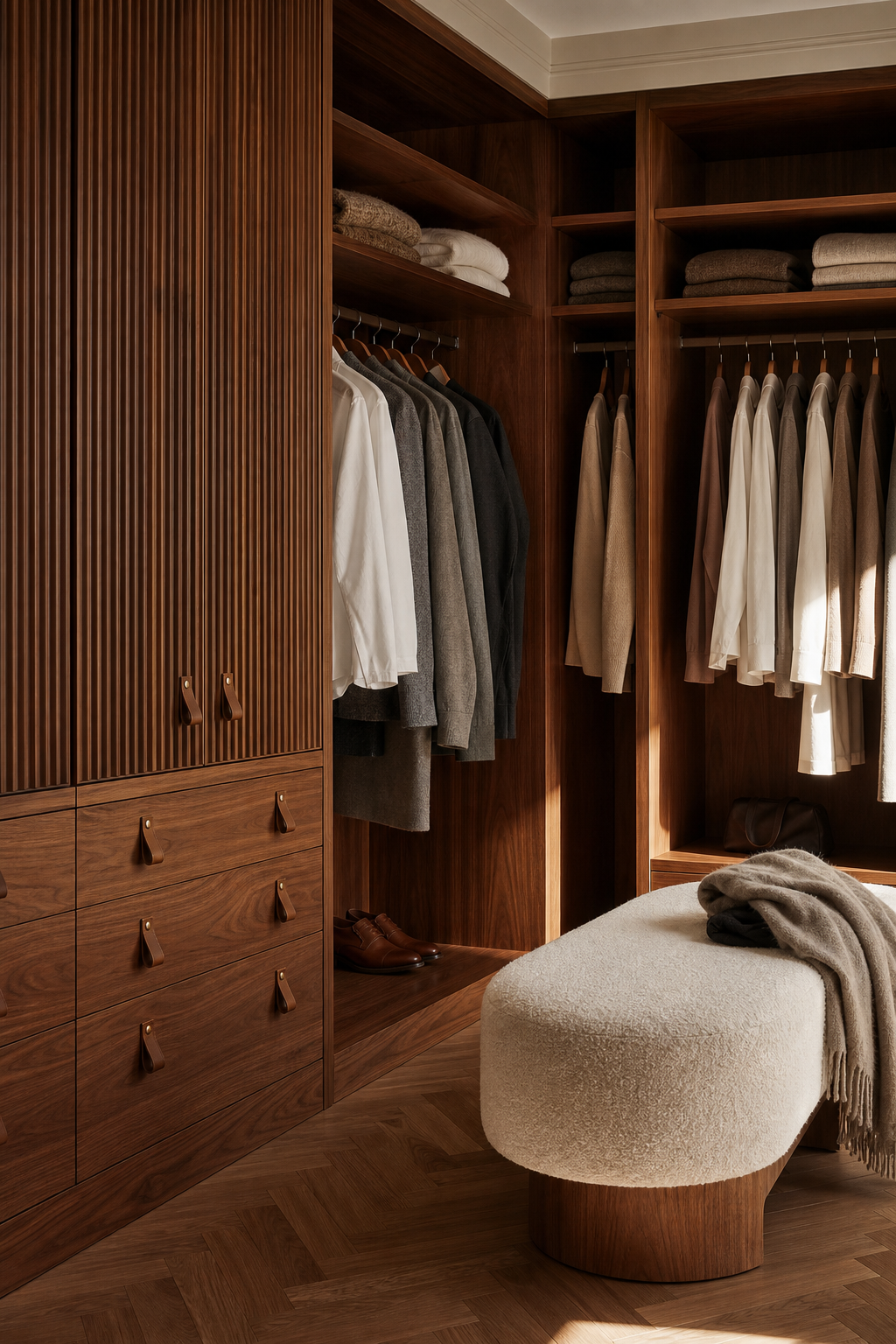 Choose Wood Tones For A Warm Look in a neat stylish walk-in closet