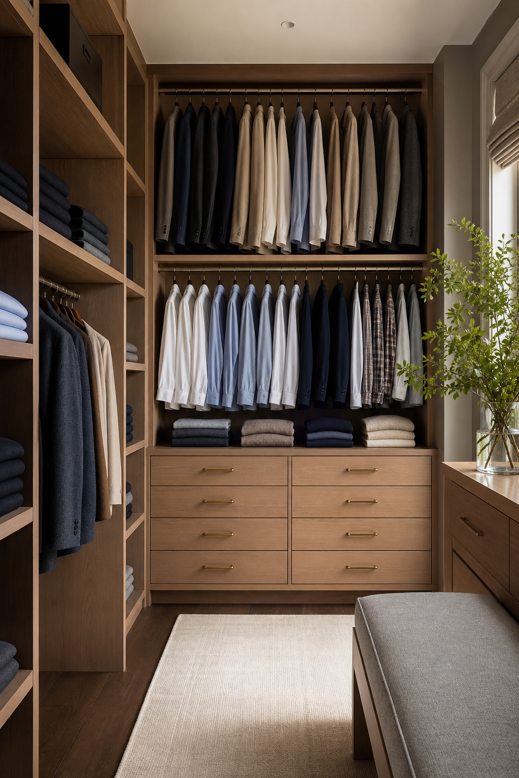Modern closet design with add drawers below short hanging rails