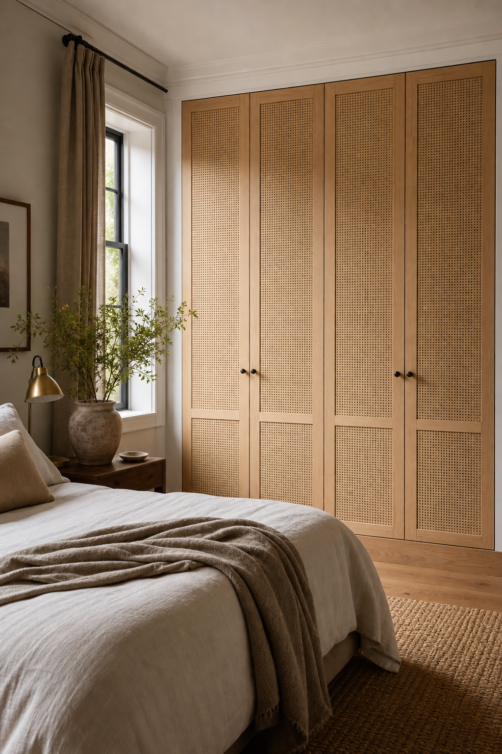Try Cane Or Woven Door Panels in a stylish wall closet design