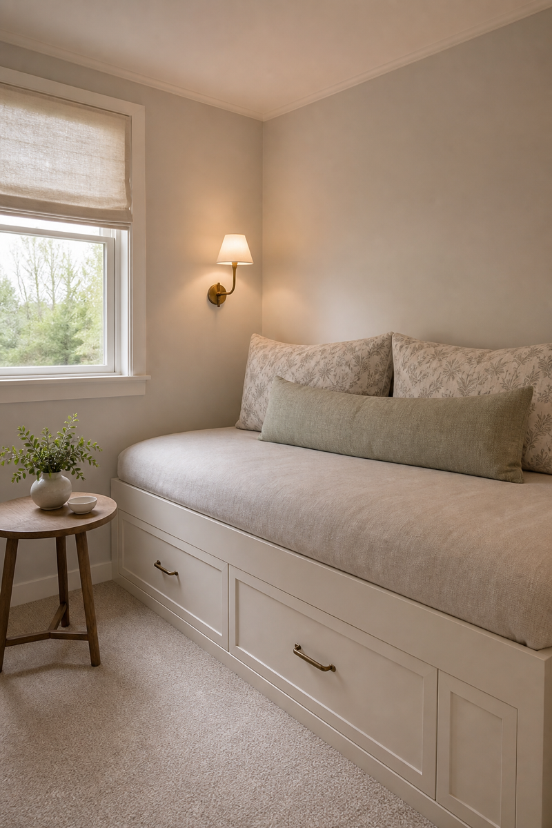 Small guest room makeover with a tailored daybed and hidden storage