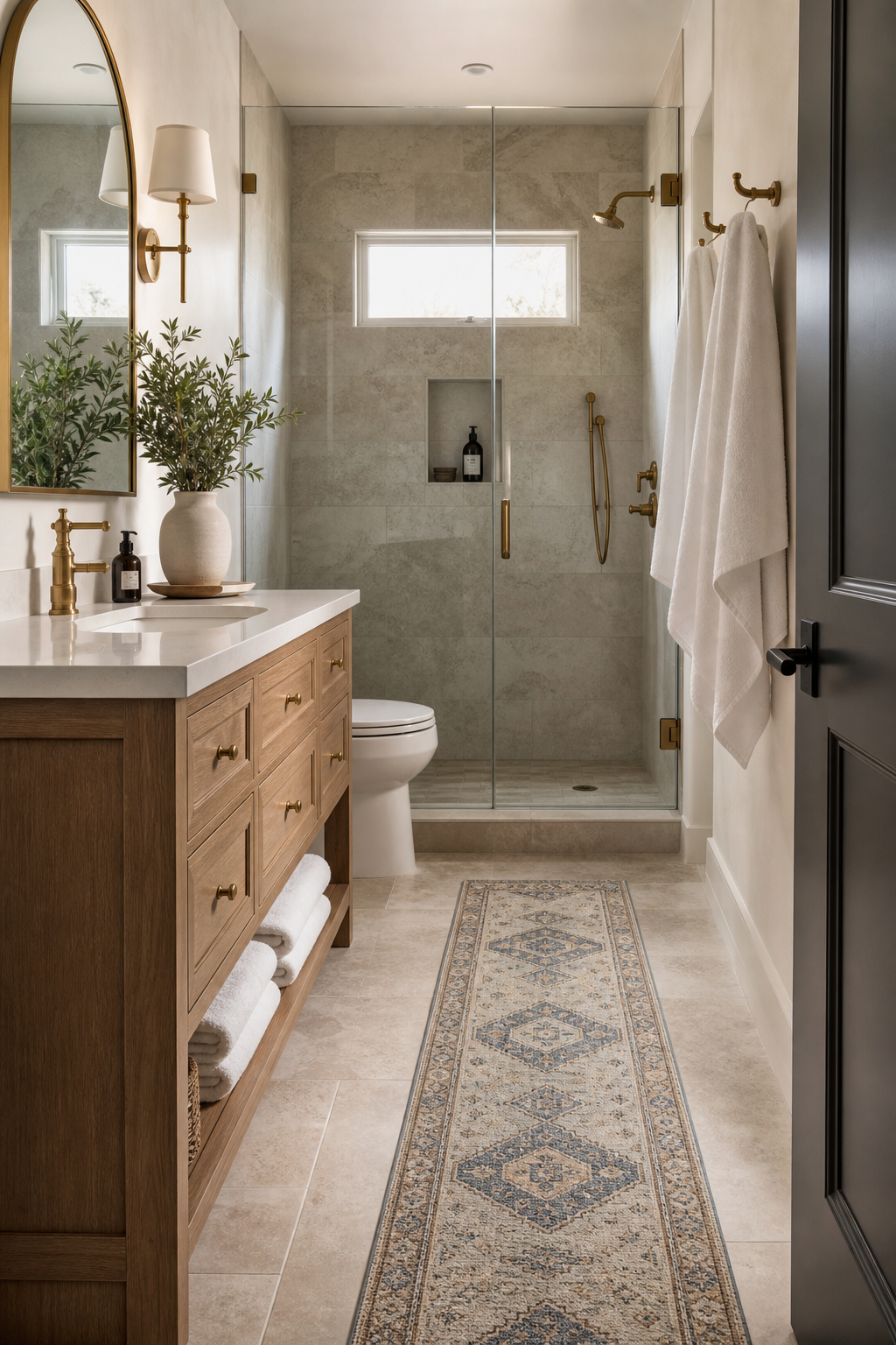 Soften floor with washable runner in a spa-like guest bathroom
