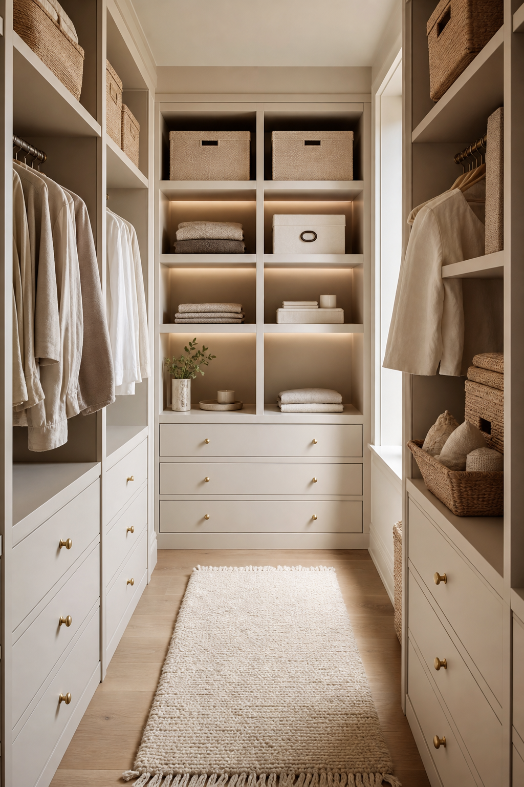 Soft monochrome closet with ivory cabinetry, woven baskets, linen boxes, and warm lighting