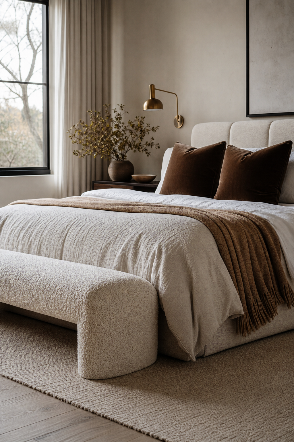 Cozy bedroom with boucle bench, velvet pillows, wool throw, and cotton bedding