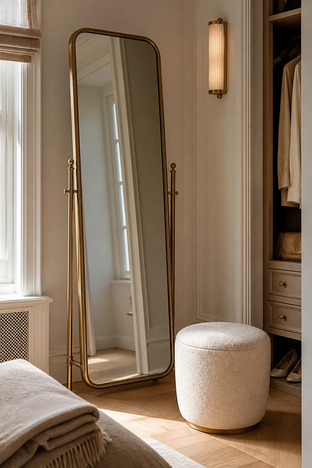 Standing mirror and bouclé ottoman creating a luxury dressing corner