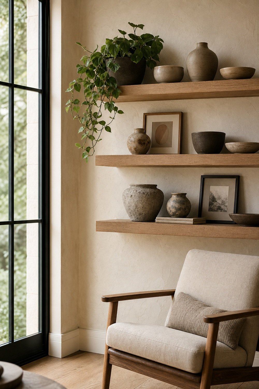Floating Shelves With Ceramics for home wall decor ideas