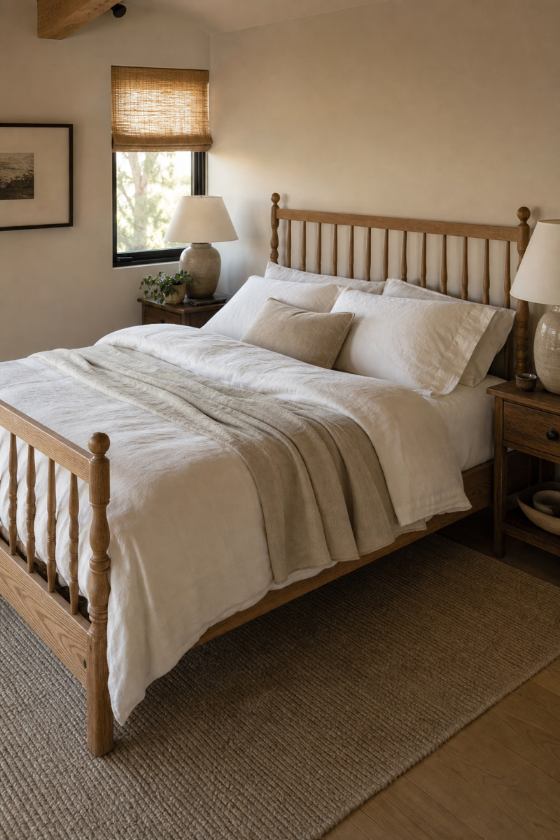 Organic luxury bedroom with wood spindle bed and linen bedding
